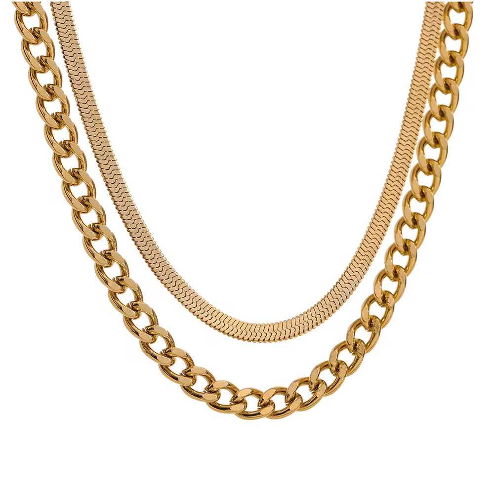 18K Cuban Herringbone Layered Necklace