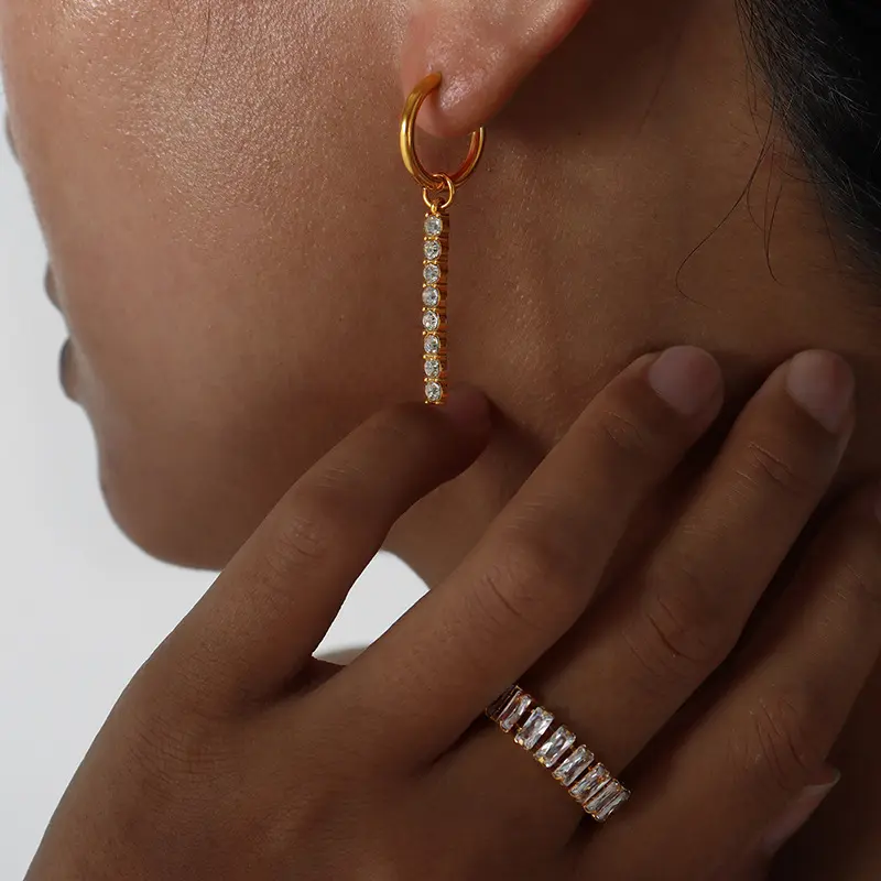 18K Tassel Long Strip CZ Earrings