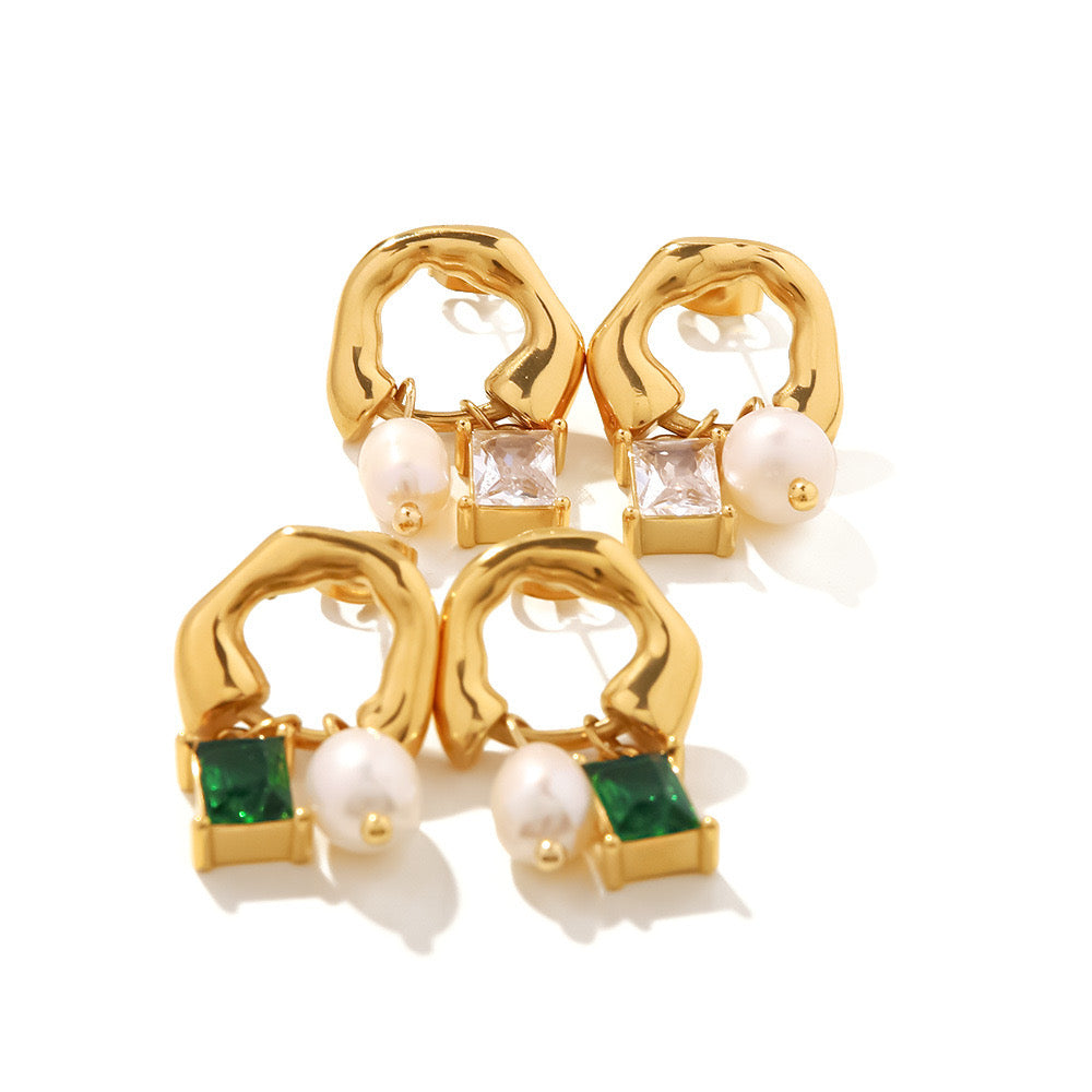 18K French Style Pearl Zircon Stud Earrings