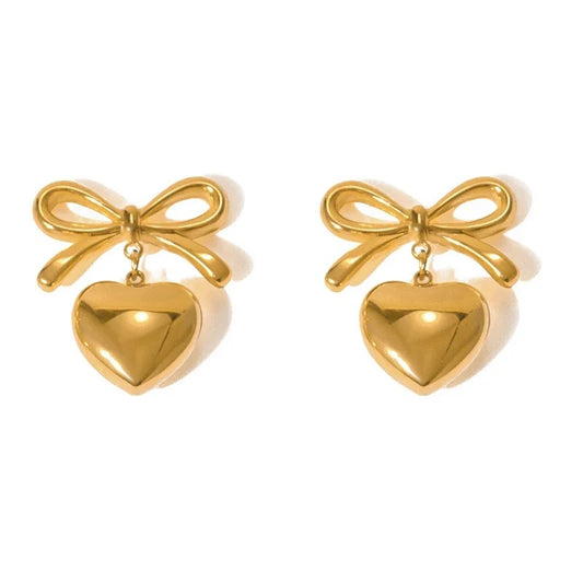 14K Bow & Love Filled Heart Earrings