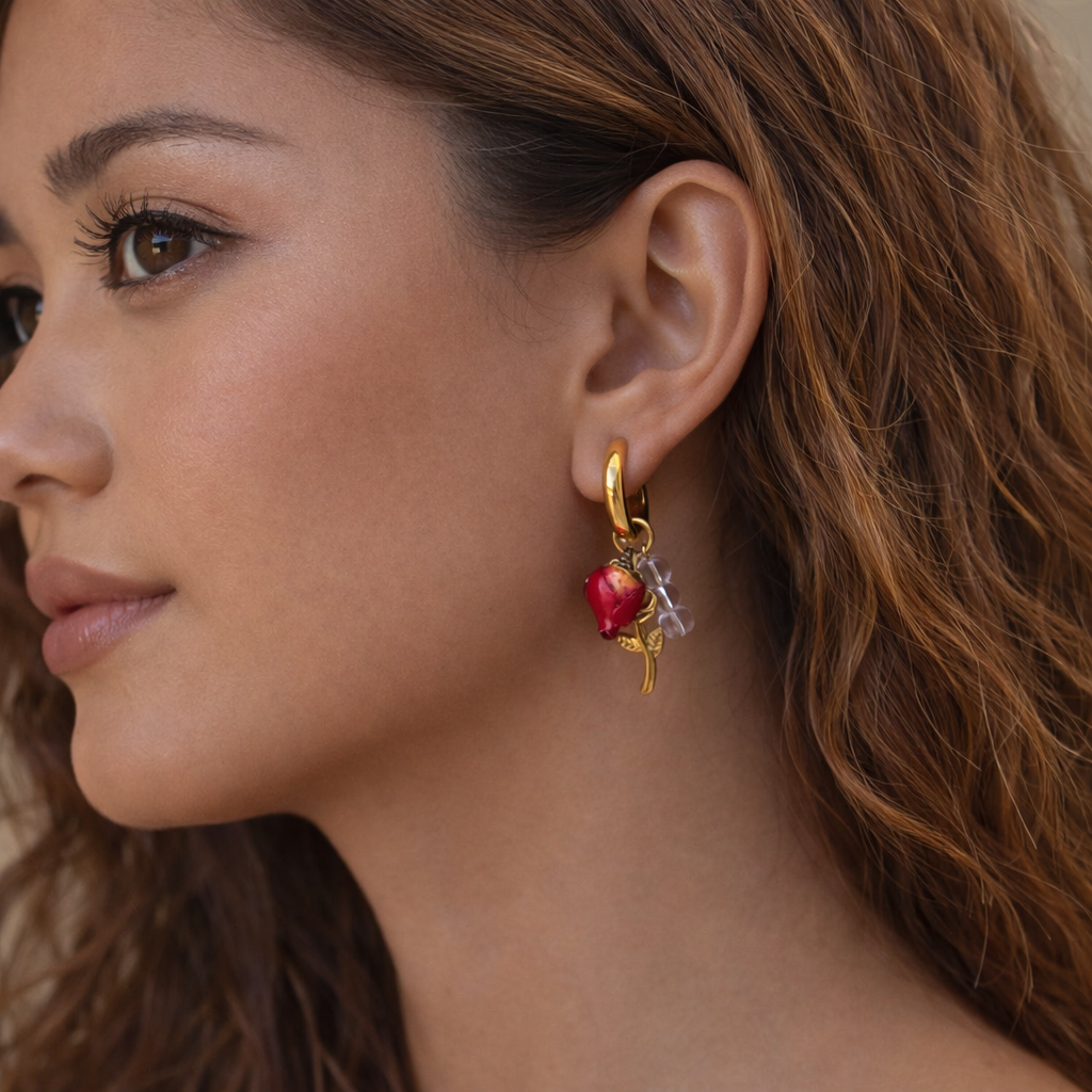 18K Dried Rose Bud Flower Charm Hoop