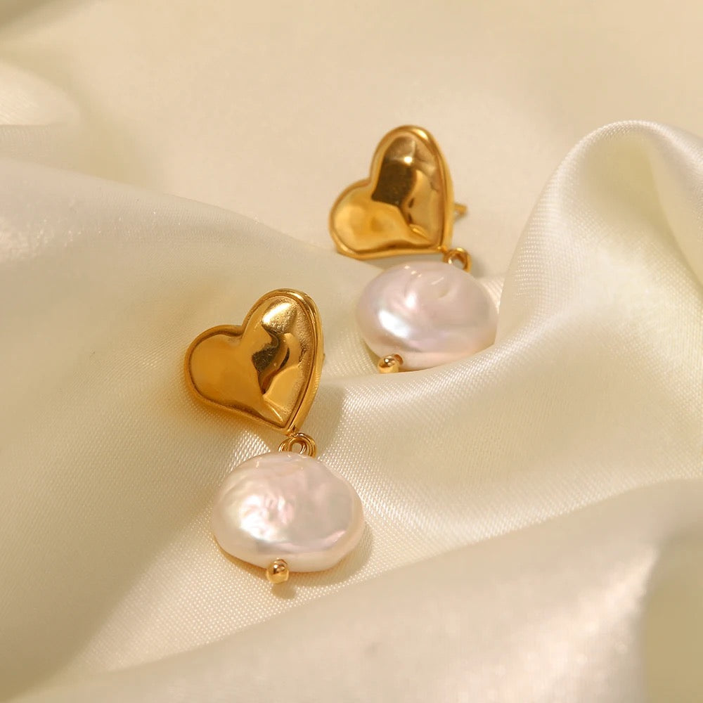 18K Heart Freshwater Pearl Pendant Earrings