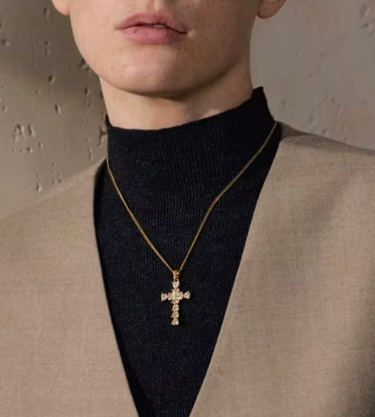 18K Cross Heart CZ Necklace