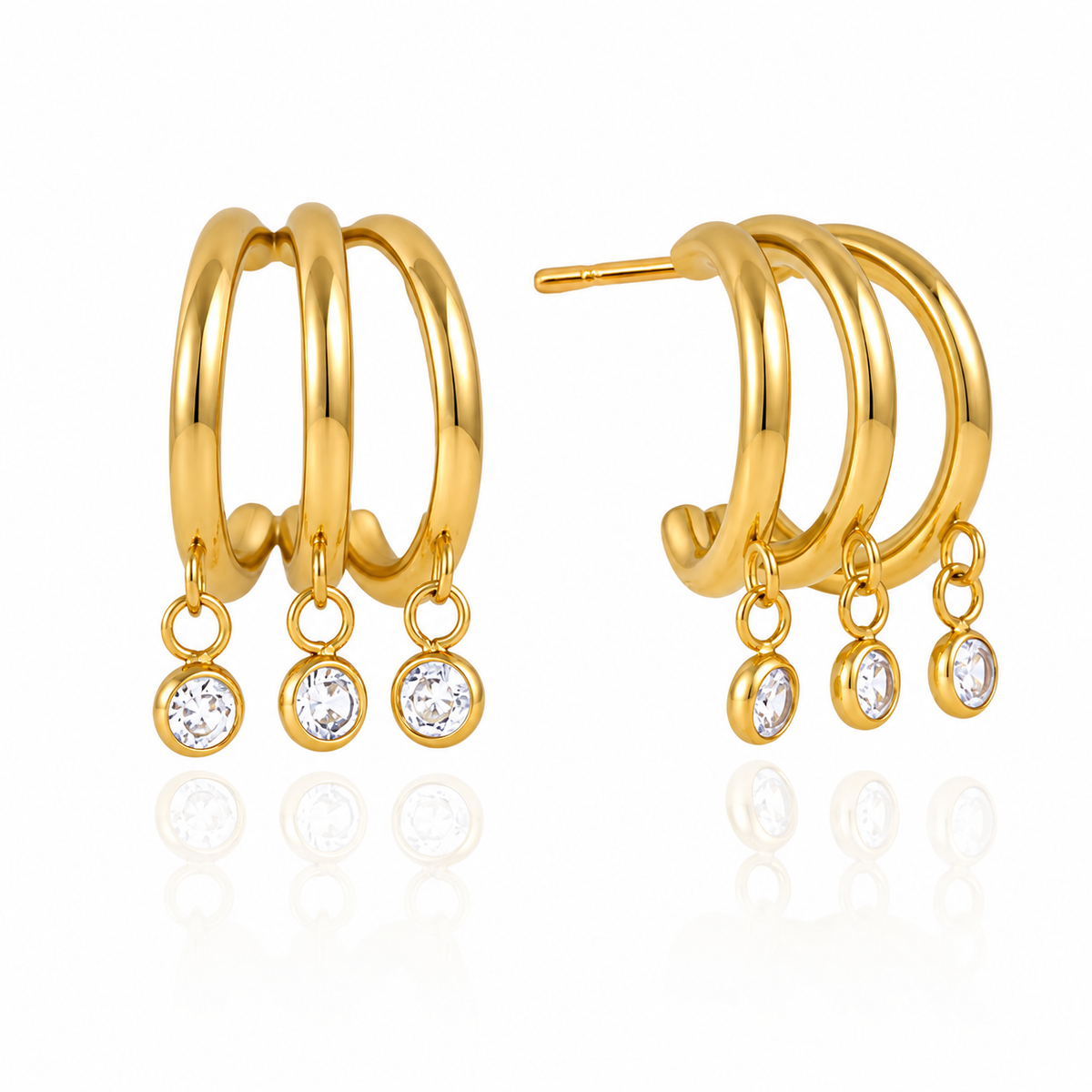 18K Trio Open C Hoop Round CZ Earrings