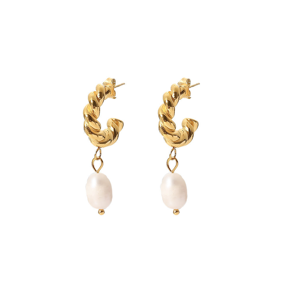 18K Twisted Hoop Fresh Water Pearl Drop Earrings