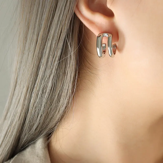 Silver Double Layer C Shaped Earrings