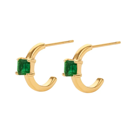 18K CZ Stone C Shaped Hoop Earrings, Green