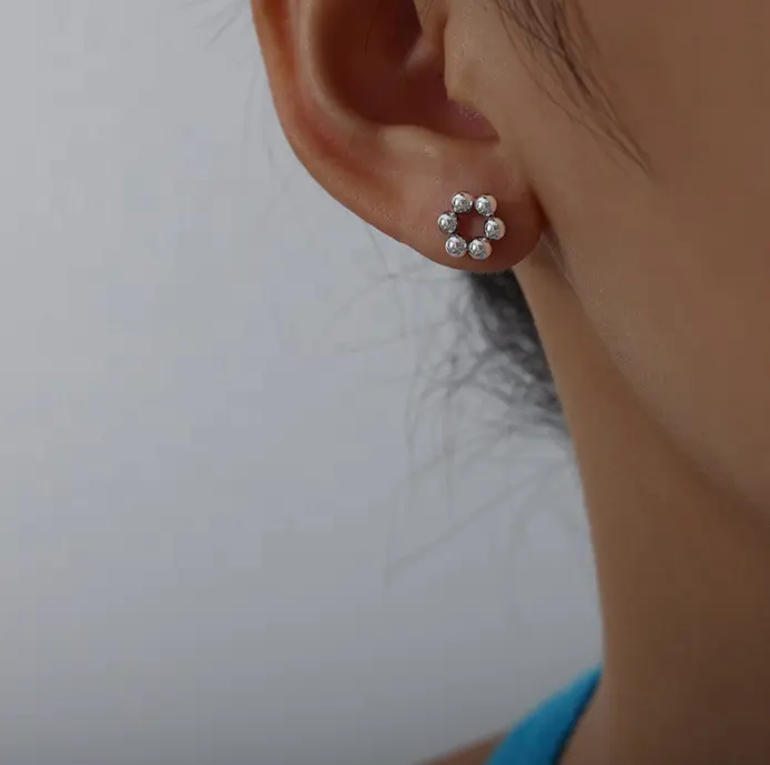 Silver Bead Flower Stud Earrings