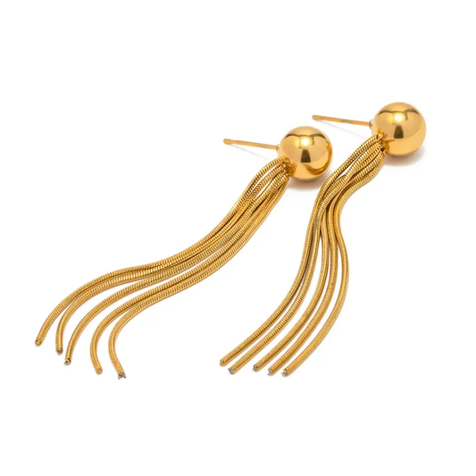 18K Long Snake Chain Tassel Ball Earrings