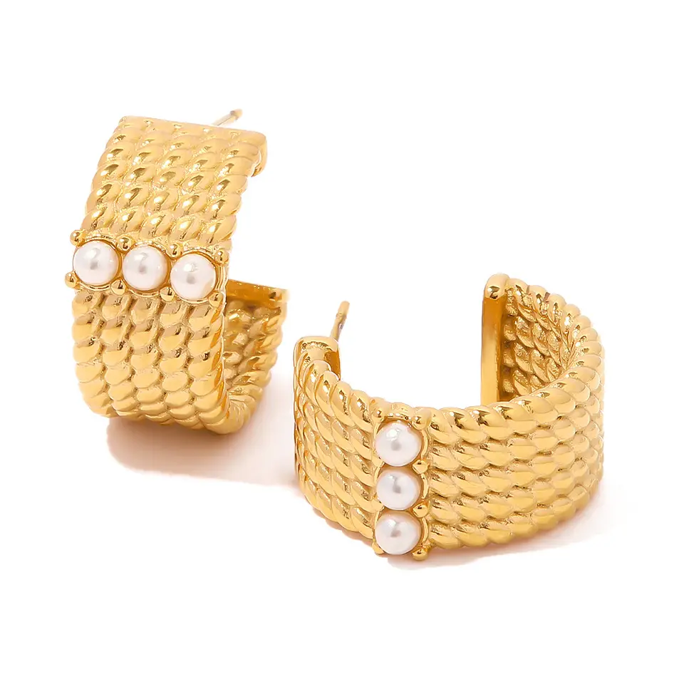 18K French Retro Pearl C-Shaped Vintage Hoop Earrings