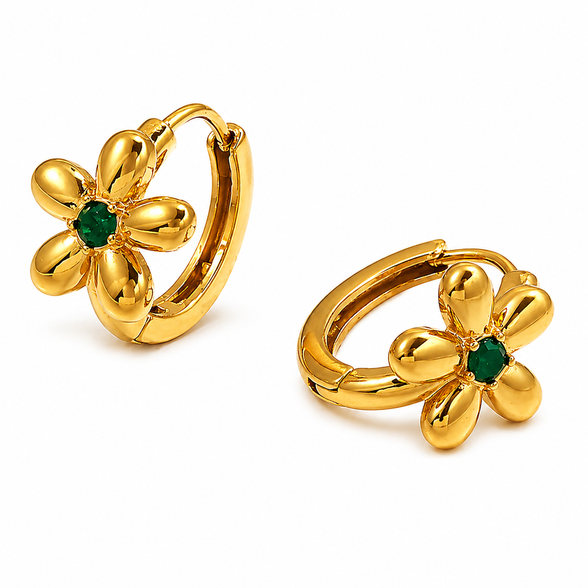 18K Solid Flower Emerald 10mm Huggies