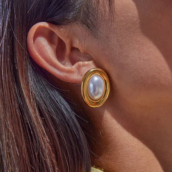 18K Oval Pearl Statement Earrings