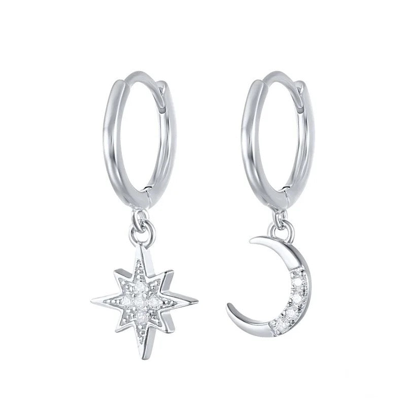 Silver CZ Moon and Star Dangle Earrings