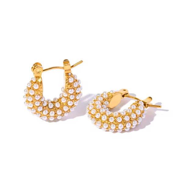18K Mini Pearls Round Hoops