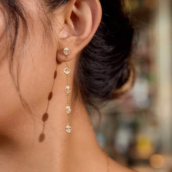 18K Oval Bezels Dainty Dangling Earrings