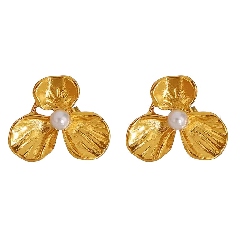 18K Statement 3 Petal Flower Pearl Earrings