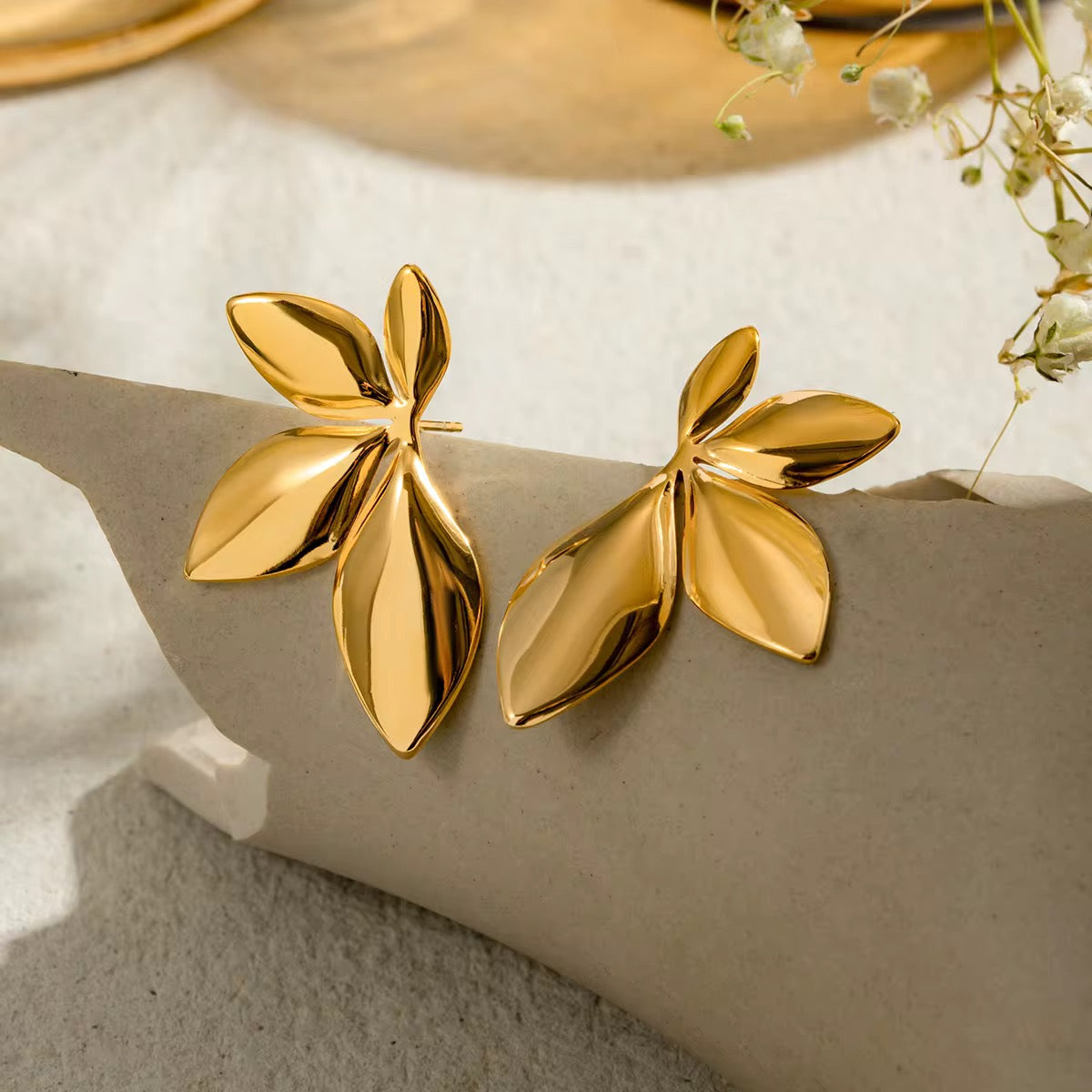18K Half Leaf Statement Studs