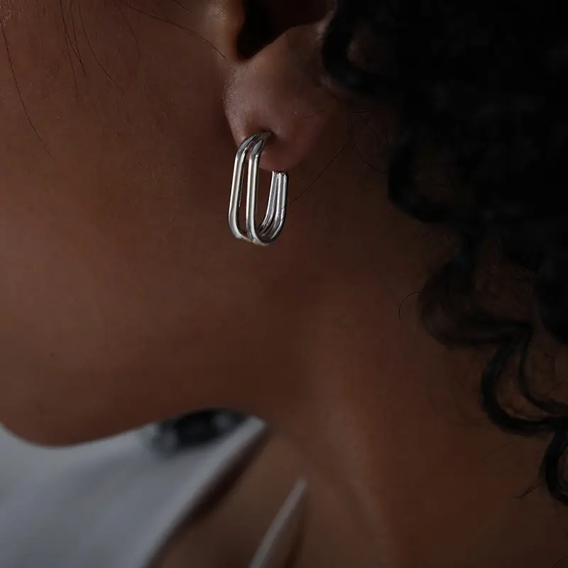 Silver Double Layer J-shape Hoop Earrings