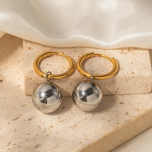 18K Two Tone Ball Drop Hoop Earrings