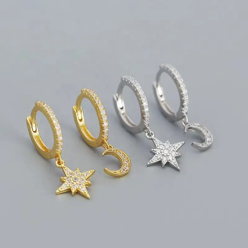 Silver Star to Moon CZ Hoop Earrings