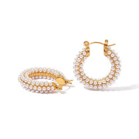 18K Mini Pearls Round Hoops