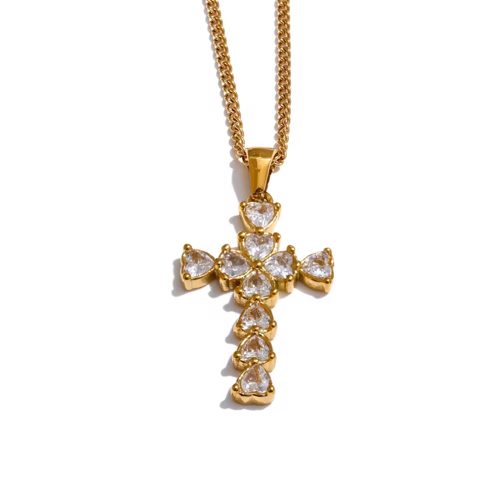 18K Cross Heart CZ Necklace