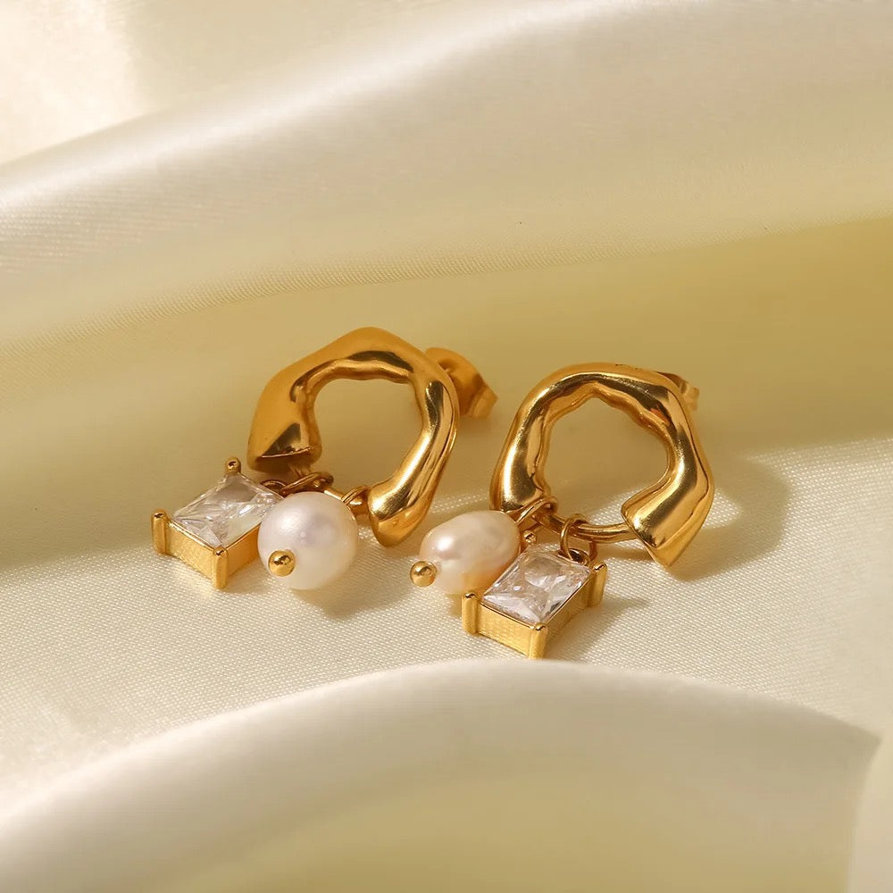 18K French Style Pearl Zircon Stud Earrings