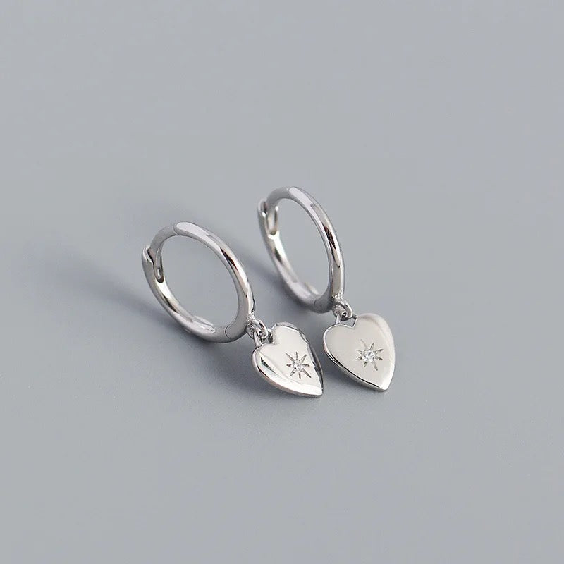 Silver Star Heart Drop Earrings