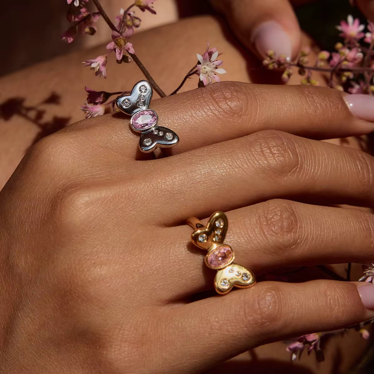 18K Pink Tourmaline Butterfly Cz Open Ring