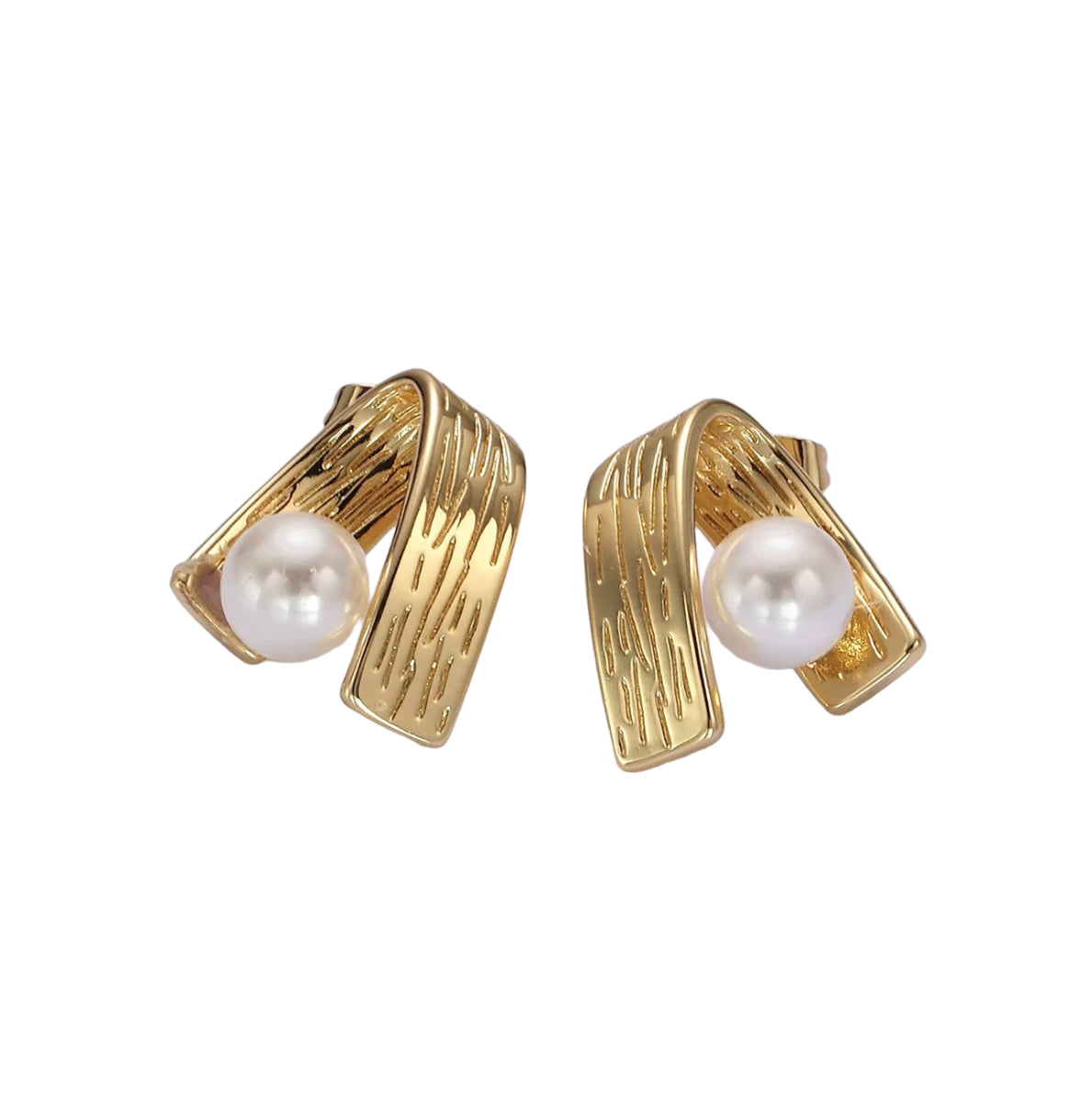 14K Gold Filled Folded Band Pearl Stud Earrings