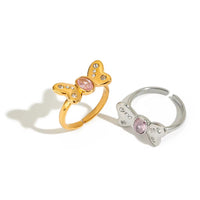 Silver Pink Tourmaline Butterfly Cz Open Ring