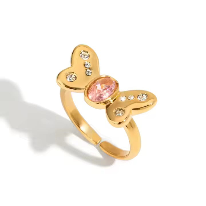 18K Pink Tourmaline Butterfly Cz Open Ring