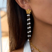 18K Flower With Dainty Pearls Tassel Earrings