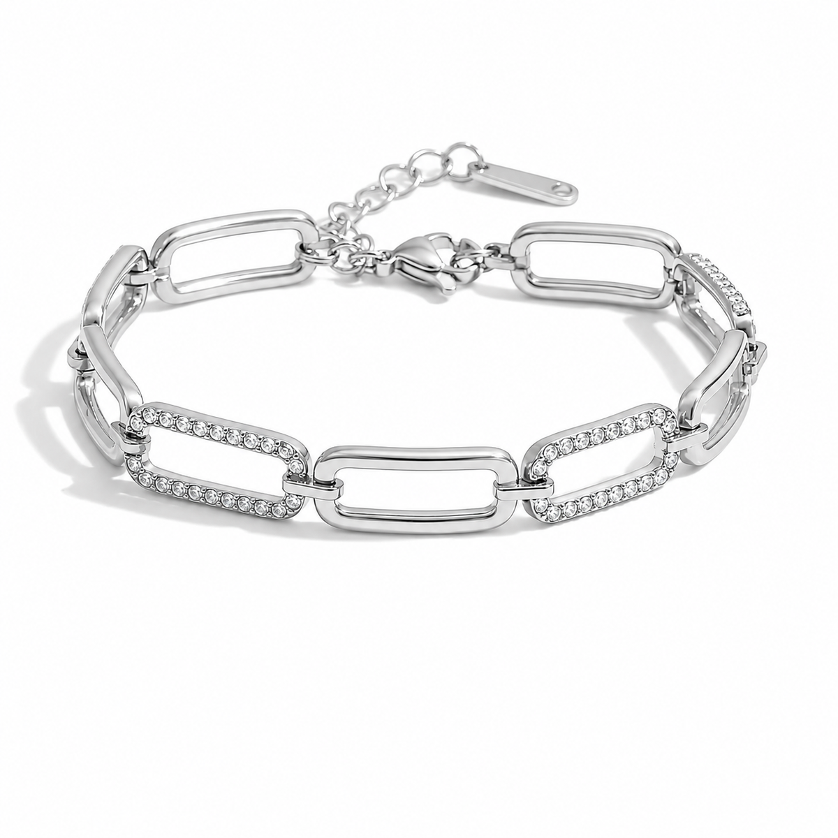 Silver Oval Links CZ Lined Bracelet