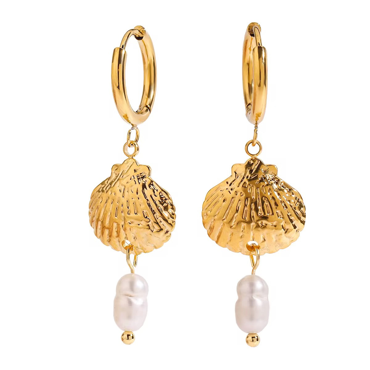 18K Pearl Shell Hoop Dangle Earrings