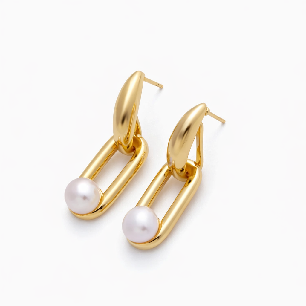 14K Paperclip Pearl Drop  Earrings