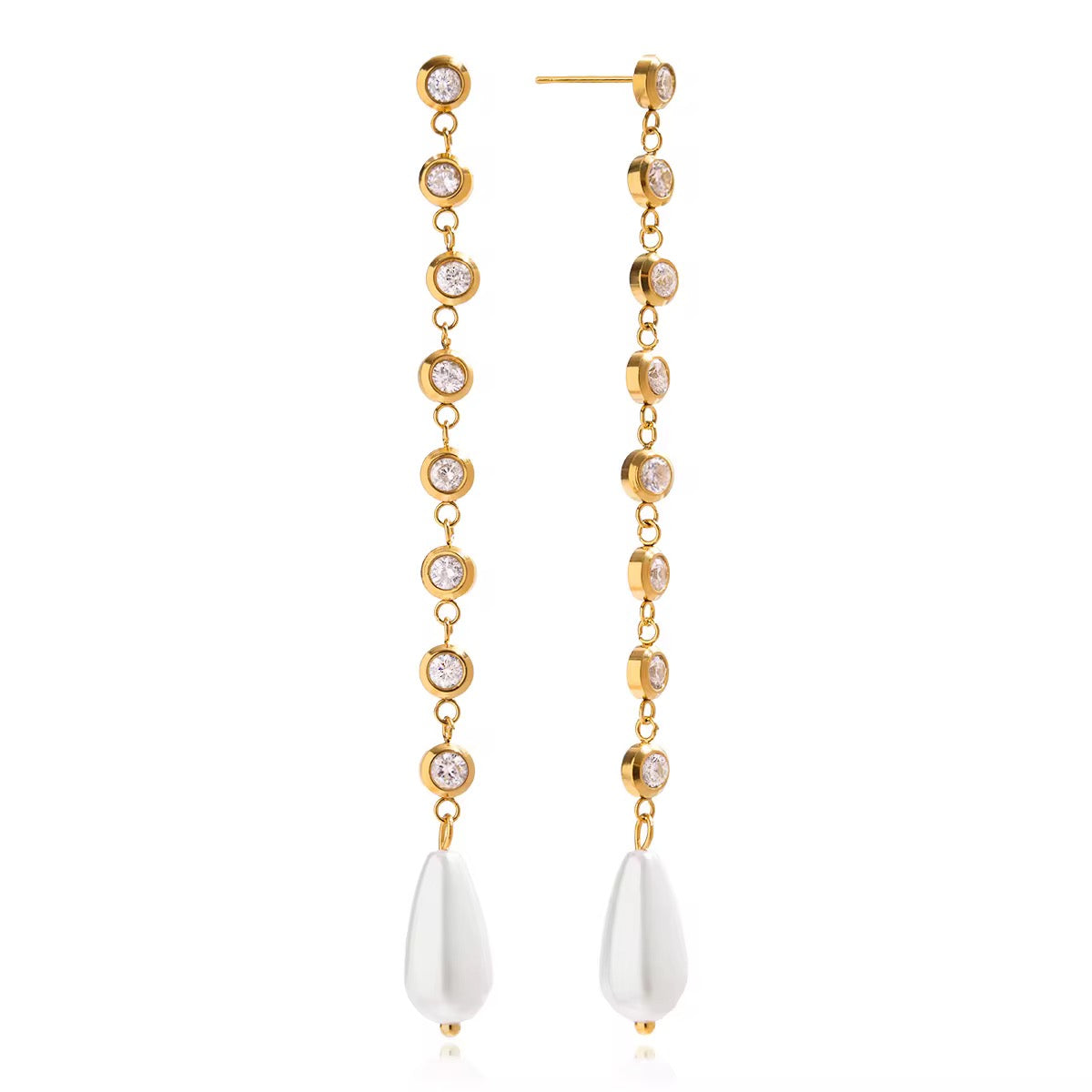 18K Pearl CZ Drop Earrings