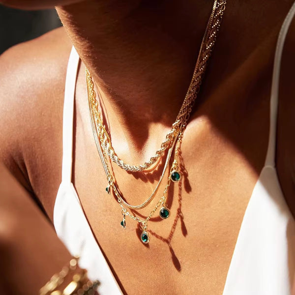 18K Layered Emerald Bezels Necklace