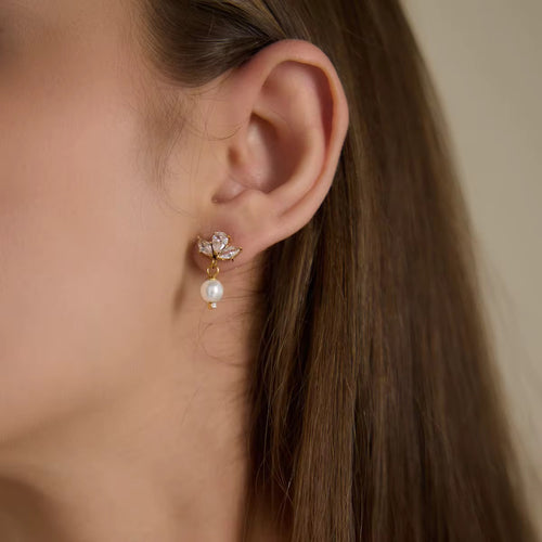18K Marquise Trio CZ Pearl Earrings