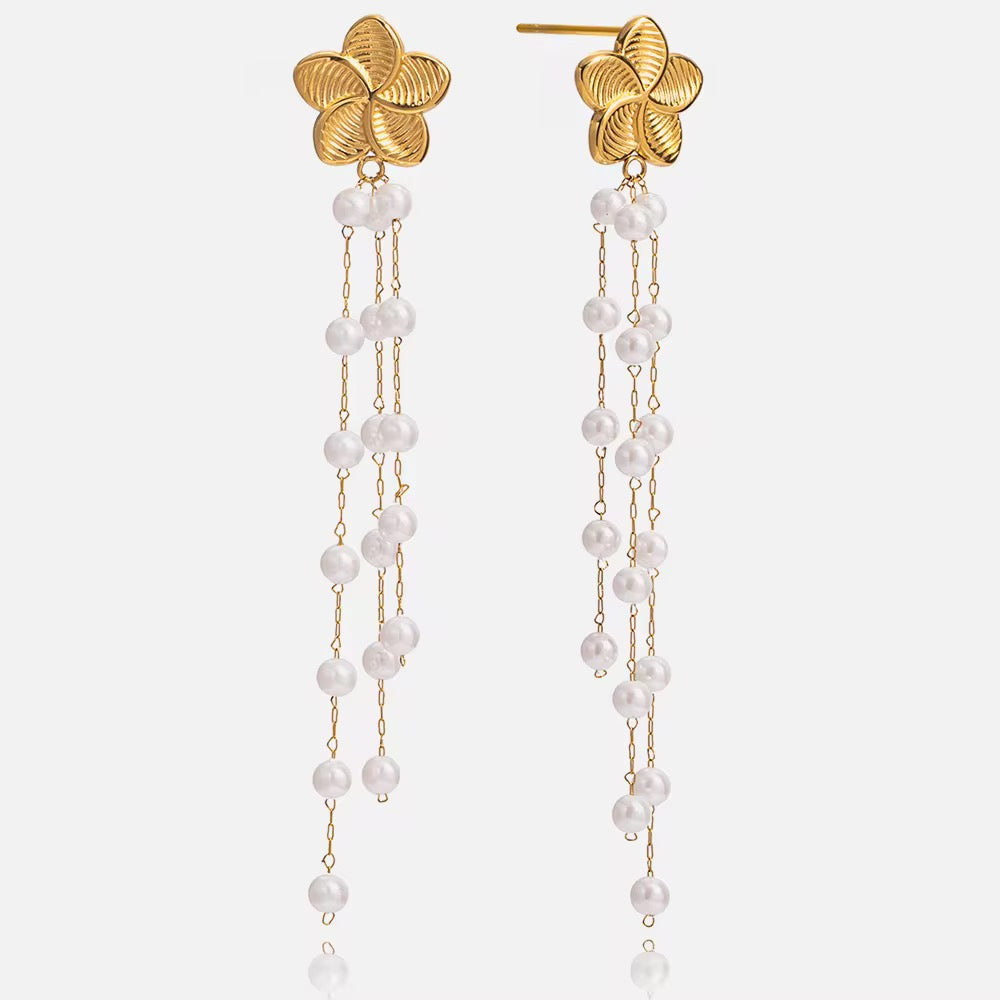 18K Flower With Dainty Pearls Tassel Earrings