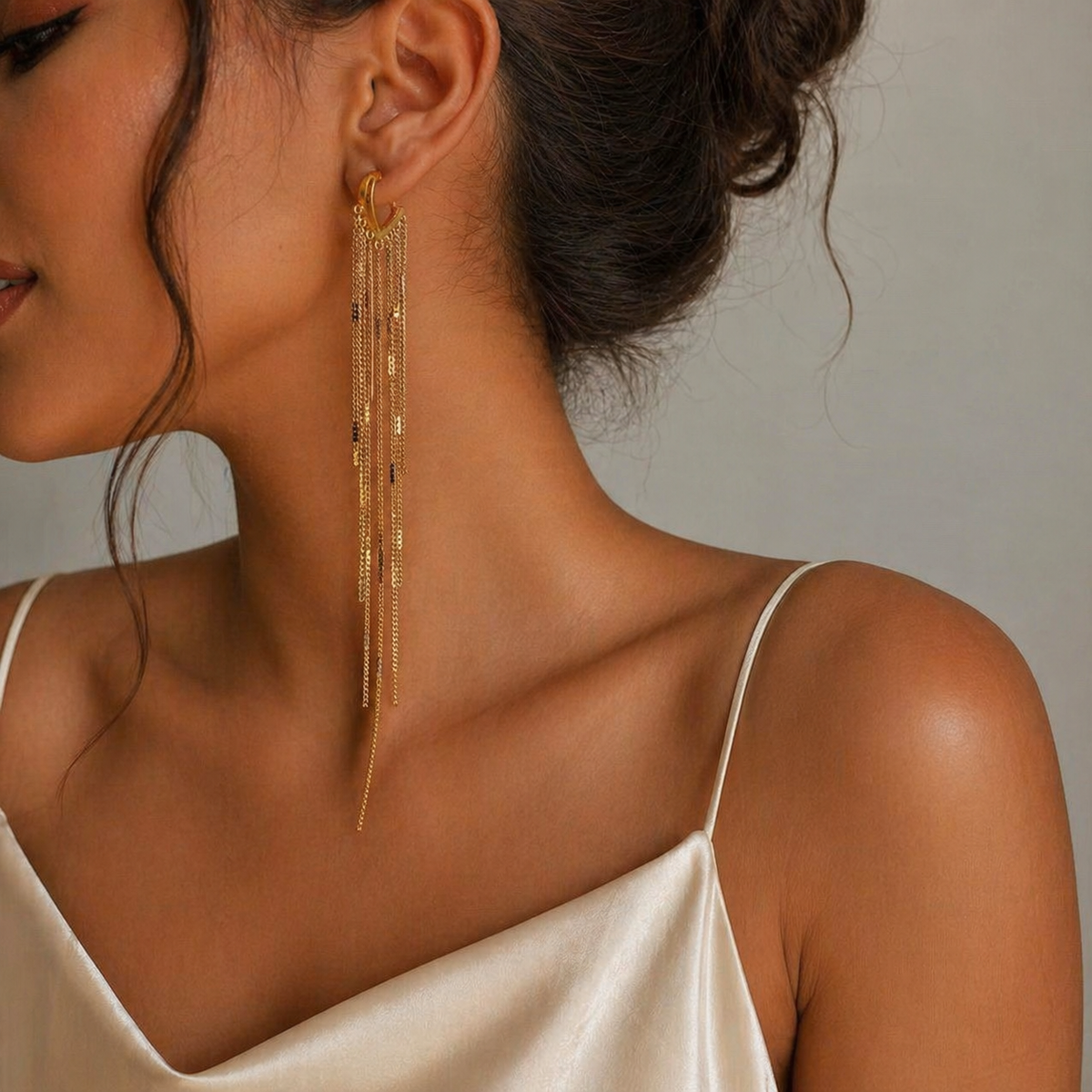 18K Heart Open C Hoop Dangle Fringe Earrings