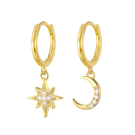 18K Vermeil CZ Moon and Star Dangle Earrings