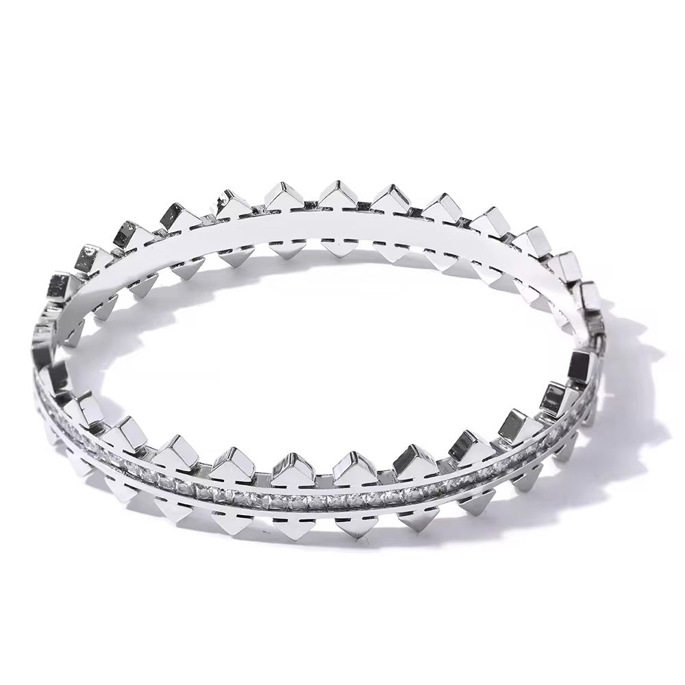 Silver Double Spike Lined Bangle