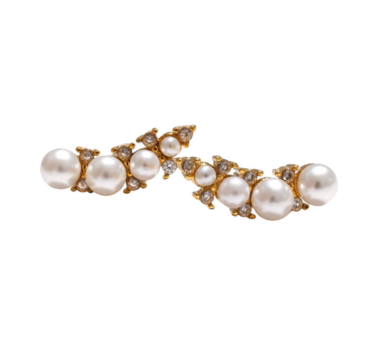 24K Gold Filled White Pearl CZ Curved Lined Stud Earrings