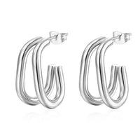 Silver Double Layer J-shape Hoop Earrings