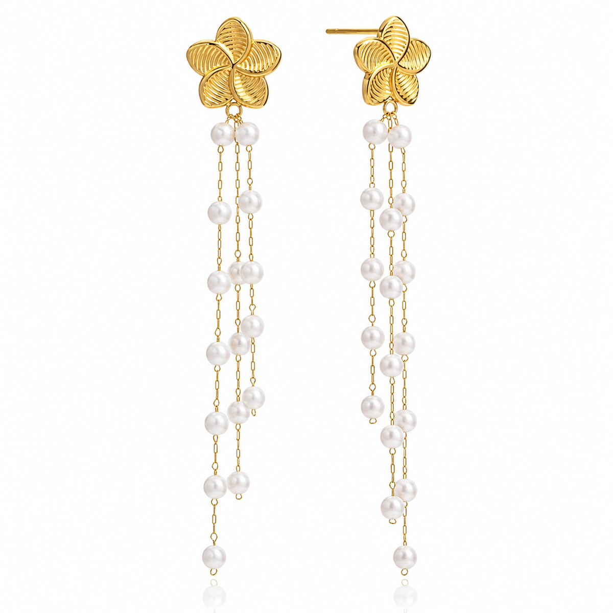 18K Flower With Dainty Pearls Tassel Earrings