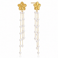 18K Flower With Dainty Pearls Tassel Earrings