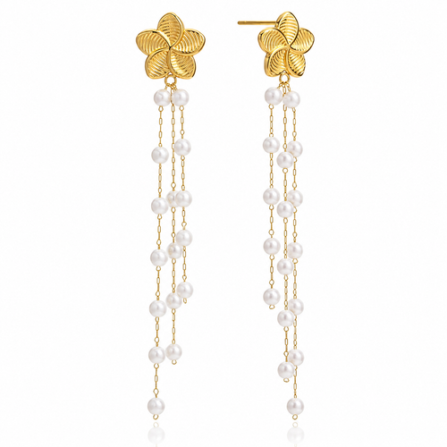 18K Flower With Dainty Pearls Tassel Earrings