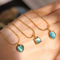 18K Oval Blue Cat’s Eye Stone Necklace