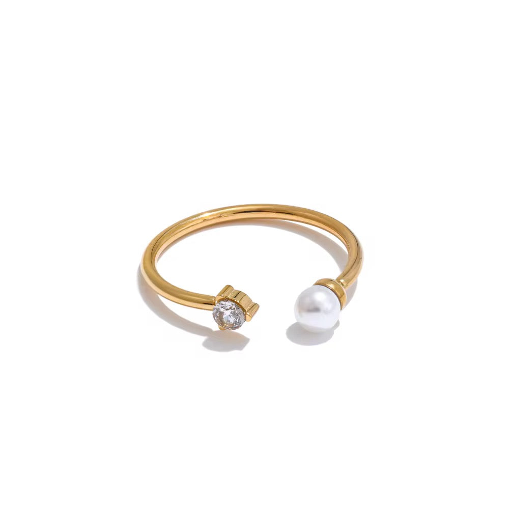 18K Dainty Pearl and CZ Open Ring